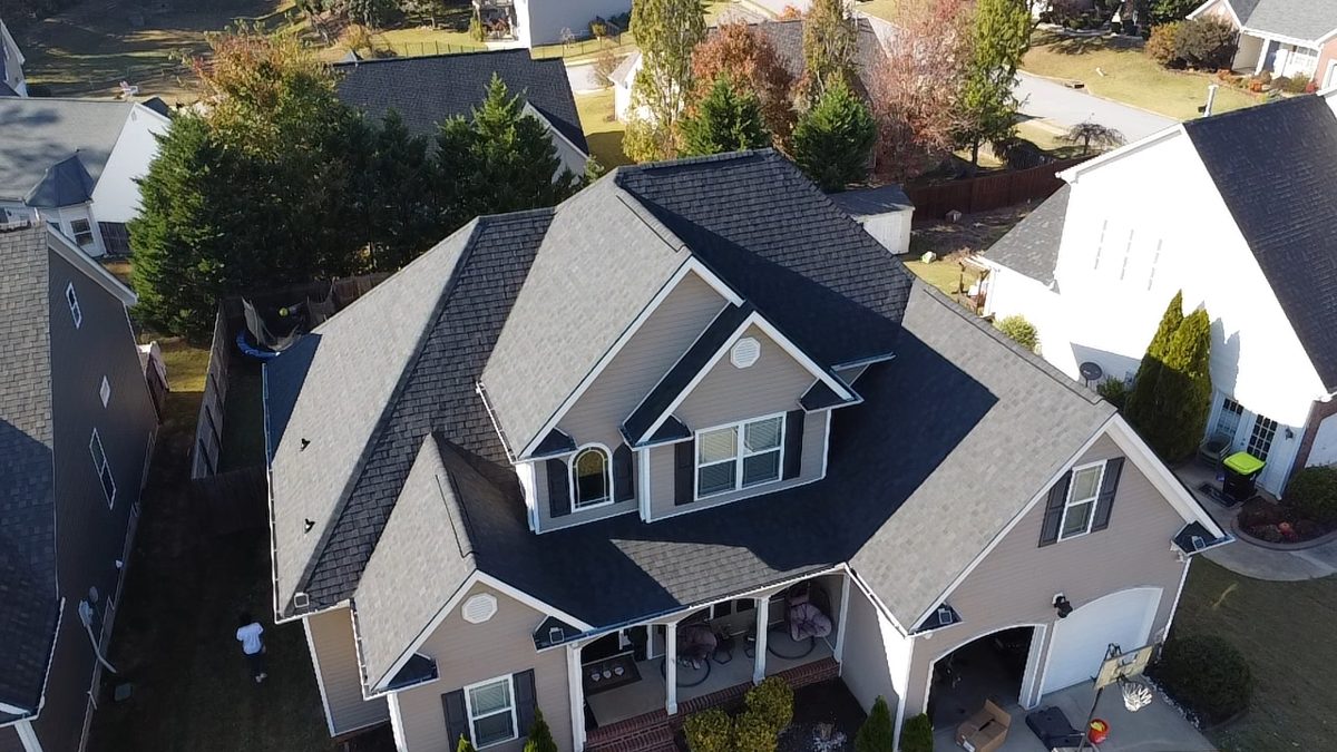 Aerial view of a completed TRC shingle roof